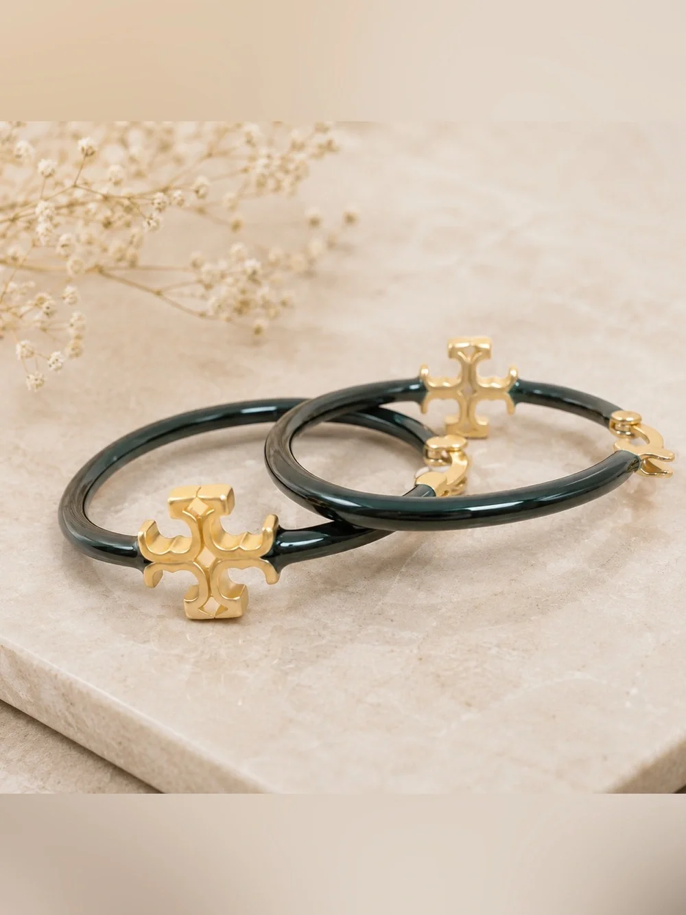 Tory Burch Eleanor Double T Medium Hoop Earrings in Green - Picture 3 of 5